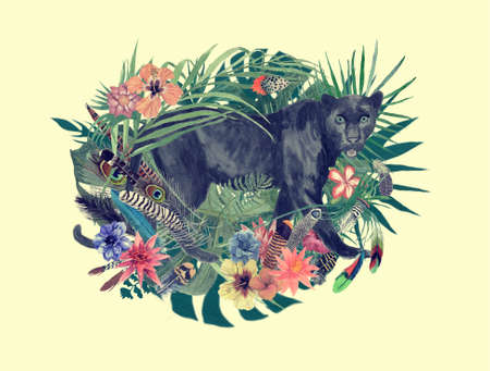 Watercolor hand drawn illustration with panther, flowers, leaves, feathers.の写真素材