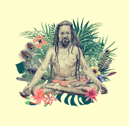 Watercolor hand drawn illustration with yogi flowers, leaves, feathers.の写真素材
