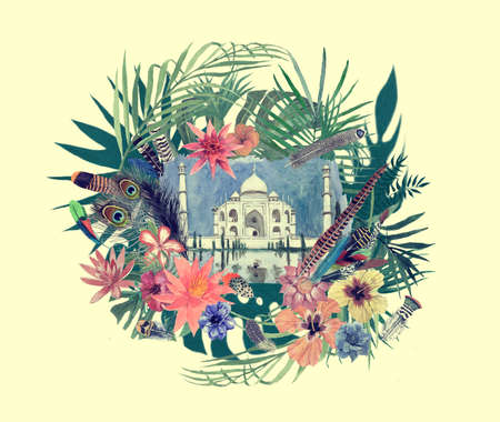 Watercolor hand drawn illustration with taj mahal, flowers, leaves, feathers.の写真素材