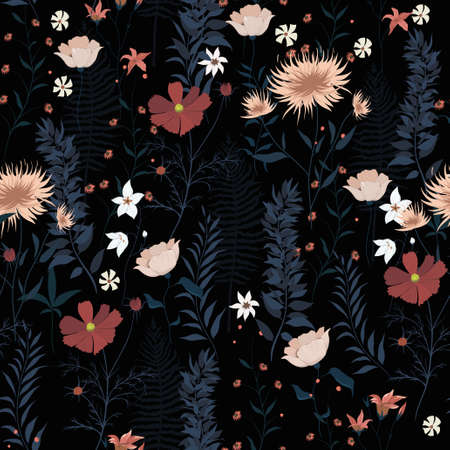 Seamless vector pattern with wild flowers, leaves,のイラスト素材