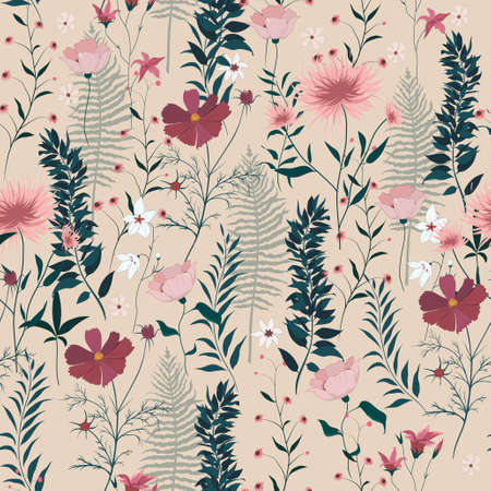 Seamless vector pattern with wild flowers, leaves,のイラスト素材