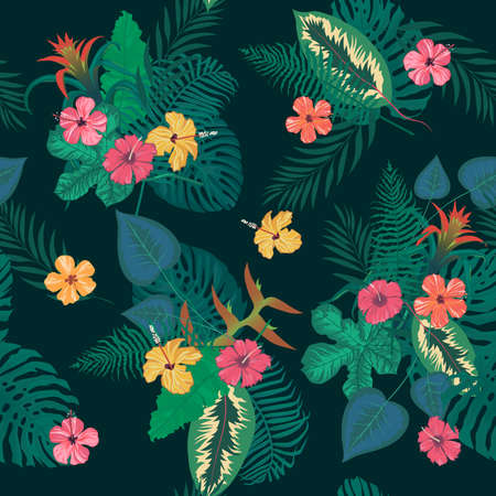 Seamless vector exotic style pattern with flowers, leavesのイラスト素材
