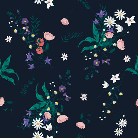 Seamless vector vintage style floral pattern with wild flowersのイラスト素材