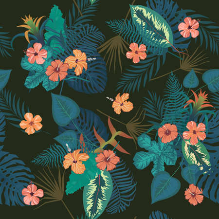Seamless vector exotic style pattern with flowers, leavesのイラスト素材
