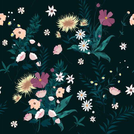 Seamless vector vintage style floral pattern with wild flowersのイラスト素材