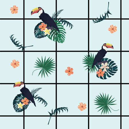 Seamless vecor exotic style geometrical pattern with toucans, cells,flowers, feathers.のイラスト素材