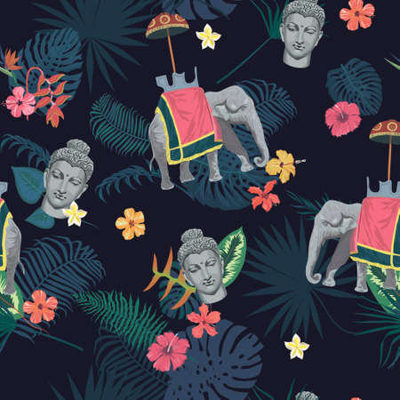 Seamless exotic style vector pattern with Buddha head, elephant, flowers, leaves, feathers.の写真素材
