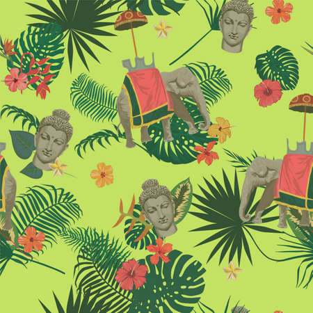 Seamless exotic style vector pattern with Buddha head, elephant, flowers, leaves, feathers.の写真素材