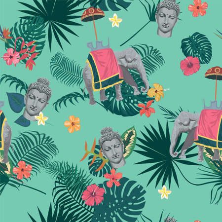 Seamless exotic vintage style vector pattern with Buddha head, elephant, flowers, leaves, feathers.のイラスト素材