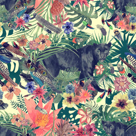 Seamless hand drawn watercolor patten with panther, leaves, flowers, feathers.の写真素材