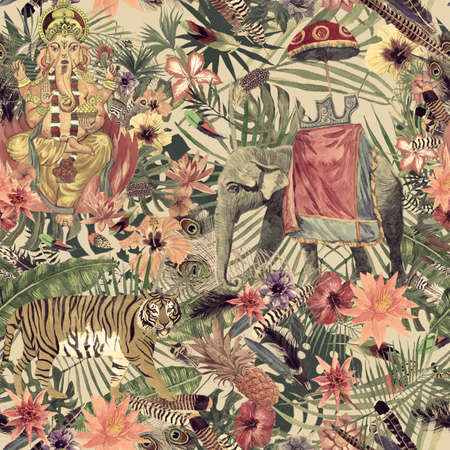 Seamless exotic hand drawn watercolor pattern with ganesha, tiger, flowers, leaves, feathers.の写真素材