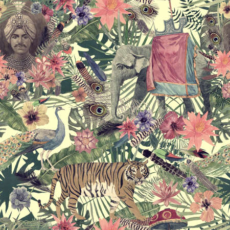 Seamless hand drawn watercolor pattern with elephant, tiger, peacock, flowers, feathers, maharajahの写真素材