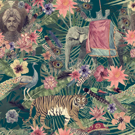 Seamless hand drawn watercolor pattern with elephant, tiger, peacock, flowers, feathers, maharajahの写真素材