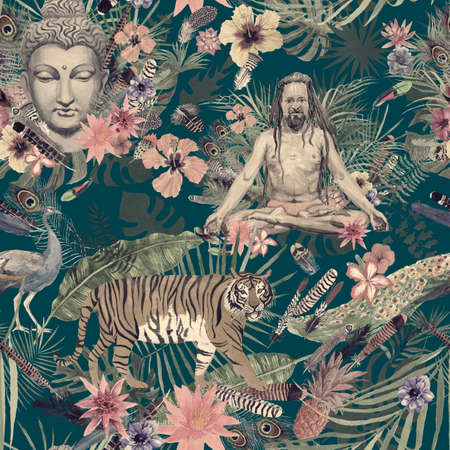 Seamless watercolor hand drawn pattern with buddha head, yogi, peacock, feathers, flowers, leaves.の写真素材