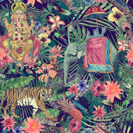 Seamless exotic hand drawn watercolor pattern with ganesha, tiger, elephant, flowers, leaves, feathers.の写真素材