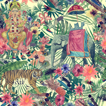 Seamless exotic hand drawn watercolor pattern with leaves, flowers, feathers.の写真素材