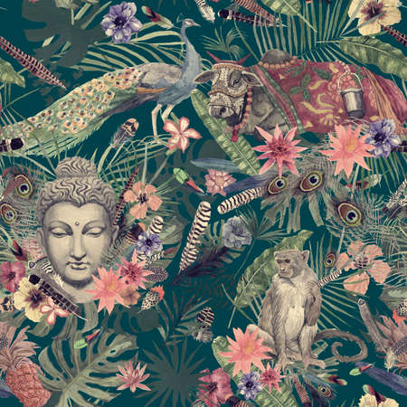 Seamless hand drawn watercolor pattern with leaves, feathers, flowers, buddha head, peacock, monkey, cow.の写真素材