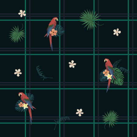 Seamless vecor exotic style geometrical pattern with parrots, cells,flowers, feathers.のイラスト素材