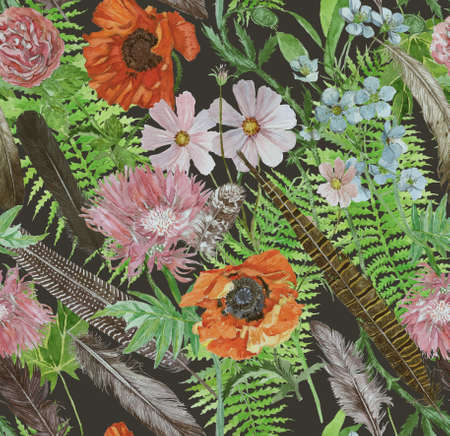 Seamless han drawn watercolor pattern with feathers, leaves, flowers.の写真素材