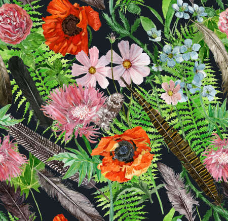 Seamless watercolor pattern with feathers, leaves, flowers.の写真素材