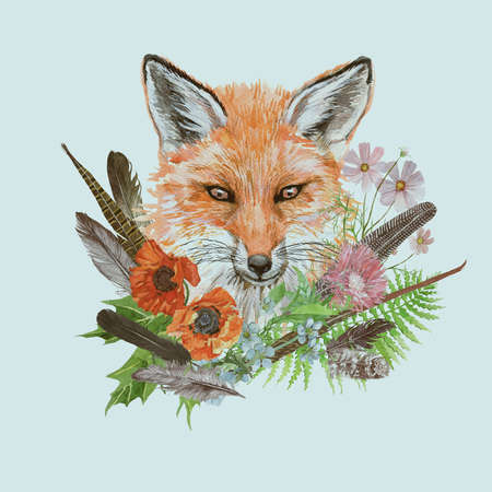 Hand drawn watercolor vintage illustration with fox head , flowers, leaves, feathers.の写真素材