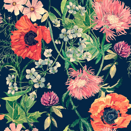 Seamless han drawn watercolor pattern with feathers, leaves, flowers.の写真素材