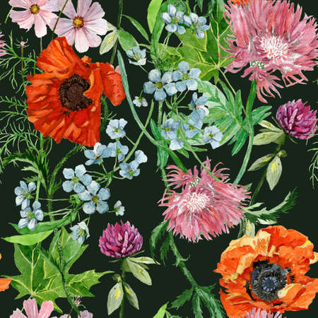 Seamless watercolor pattern with feathers, leaves, flowers.の写真素材