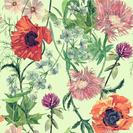 Seamless han drawn watercolor pattern with feathers, leaves, flowers.の写真素材