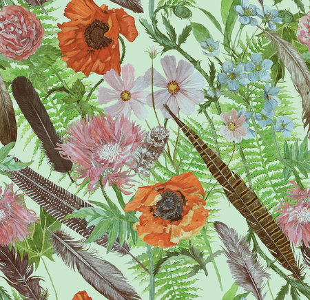 Seamless han drawn watercolor pattern with feathers, leaves, flowers.の写真素材
