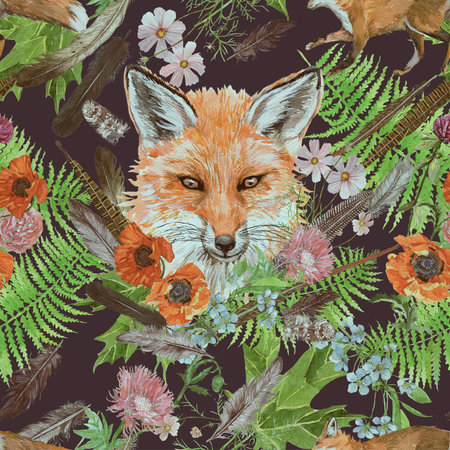 Seamless hand drawn watercolor pattern with fox head, feathers, flowers.の写真素材
