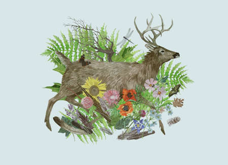 Hand drawn watercolor illustration with deer, flowers, feathers, leavesの写真素材