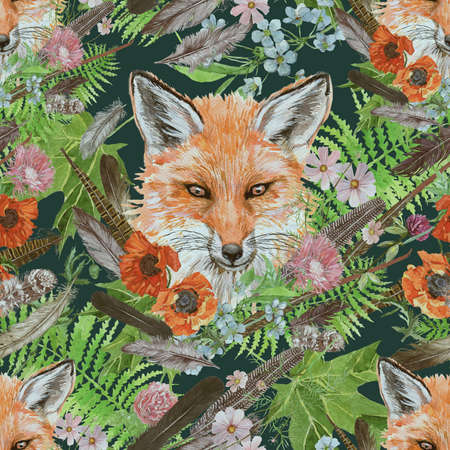 Seamless watercolor hand drawn vintage pattern with bear heads, flowers, feathers.の写真素材
