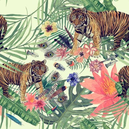 Seamles hand drawn watercolor pattern with tigerの写真素材