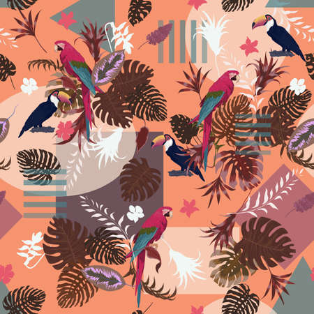 Seamless vector exotic pattern with parrots, toucans, geometryのイラスト素材