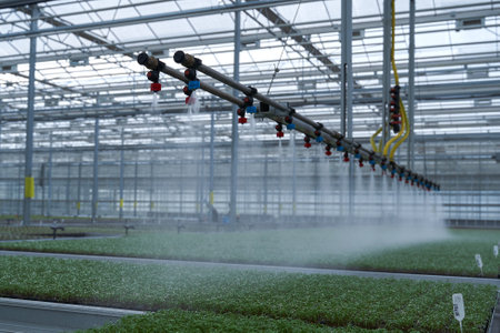 Watering the shoots of greenery growing in the greenhouseの写真素材