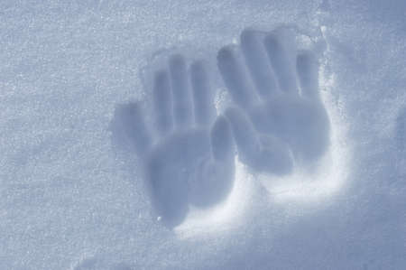 childrens hands in the snow.の写真素材