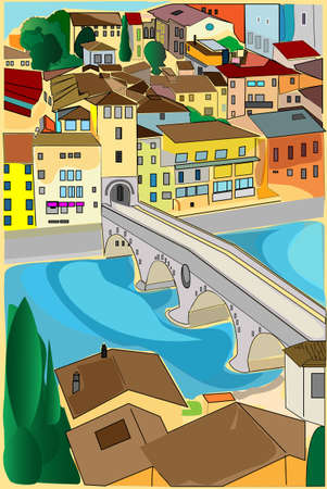 In the old town of whitewashed houses embankment and a bridge over the riverのイラスト素材