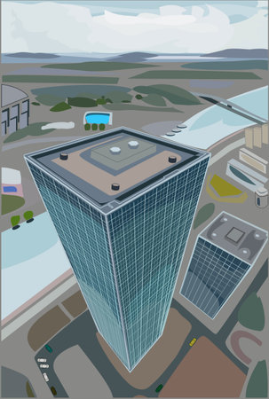 Image of a tall building on the outskirts of the cityのイラスト素材