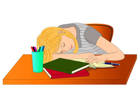 Student girl  fell asleep in the library studying booksのイラスト素材