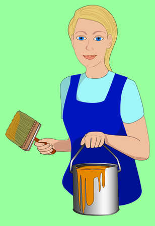 painter woman with a can of paint and a brushのイラスト素材