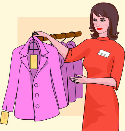 Girl seller finished dresses in the store offers the buyer a jacketのイラスト素材