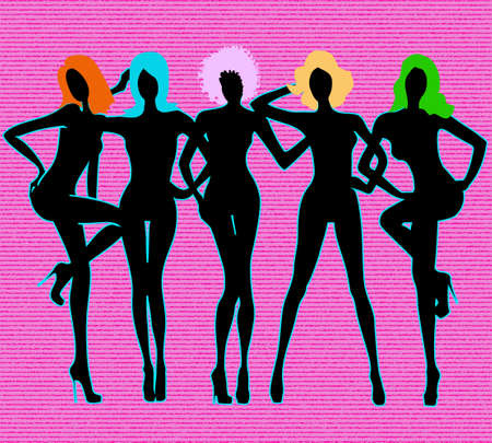 Girls black silhouettes on pinkのイラスト素材