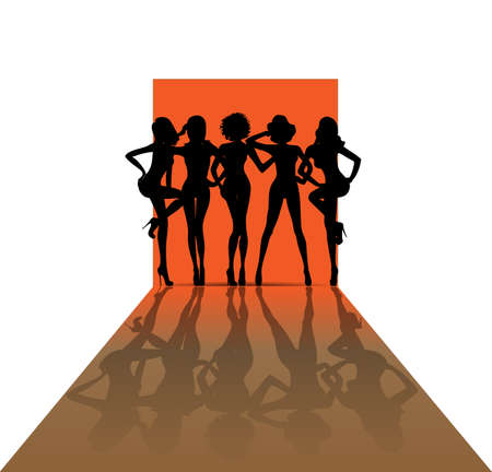 Group of girls combined silhouette on the catwalk fashion show, orangeのイラスト素材