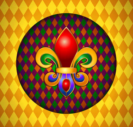 Gold decoration, icon or emblem, sample on the theme of Mardi Gras Festival on a colorful background.のイラスト素材