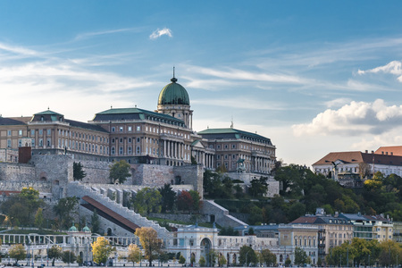 Panoramic city view of the Royal Palace on the Buda Castle Hill. Scenic cityscape of historic district of Buda, in Budapest, Hungary.の写真素材