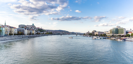 Panoramic city view of two sides of river Danube in Budapest, Hungary. Wide cityscape of Buda and Pest sides with Chain Bridge across the Danube.の写真素材
