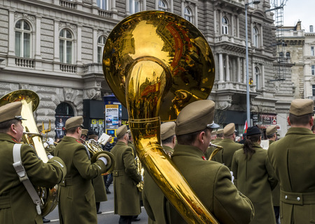 Soldiers march with trumpets during the 15 March parade in Budapest, Hungary. Military orchestra on Hungarian National Holiday.のeditorial素材