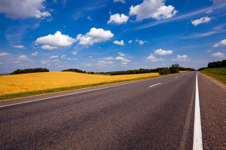 the small rural asphalted road photographed in summertime of year. Belarus