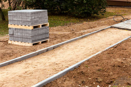 the packed paving slabs brought for layingの写真素材