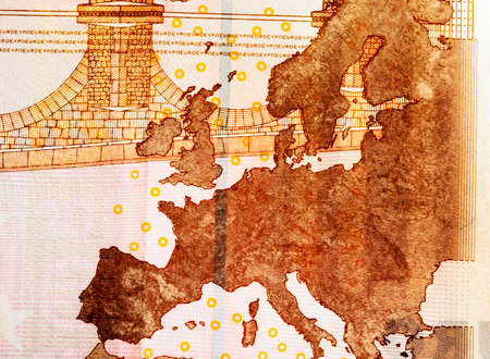 the note photographed by a close up, worth 10 euros. map of Europeの写真素材